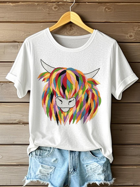 Women's Highland Cow Embroidered Short Sleeve T-Shirt