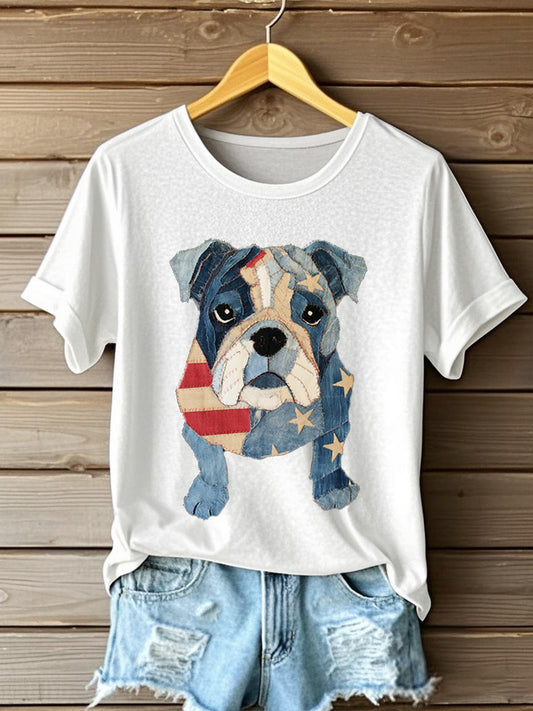 Women's Bulldog Pattern Patchwork Art T-Shirt