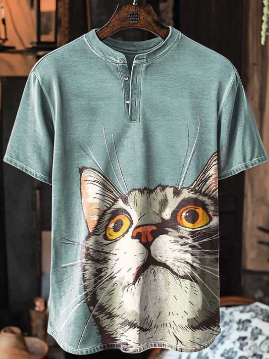 Unisex Funny Cats Print Art Short Sleeve Henley Neck T-Shirt