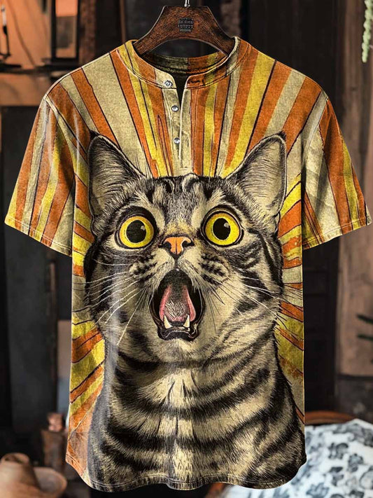 Unisex Crazzy Cat Print Art Short Sleeve Henley Neck T-Shirt