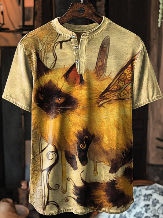 Unisex Bee-Cat Abstract Print Art Short Sleeve Henley Neck T-Shirt