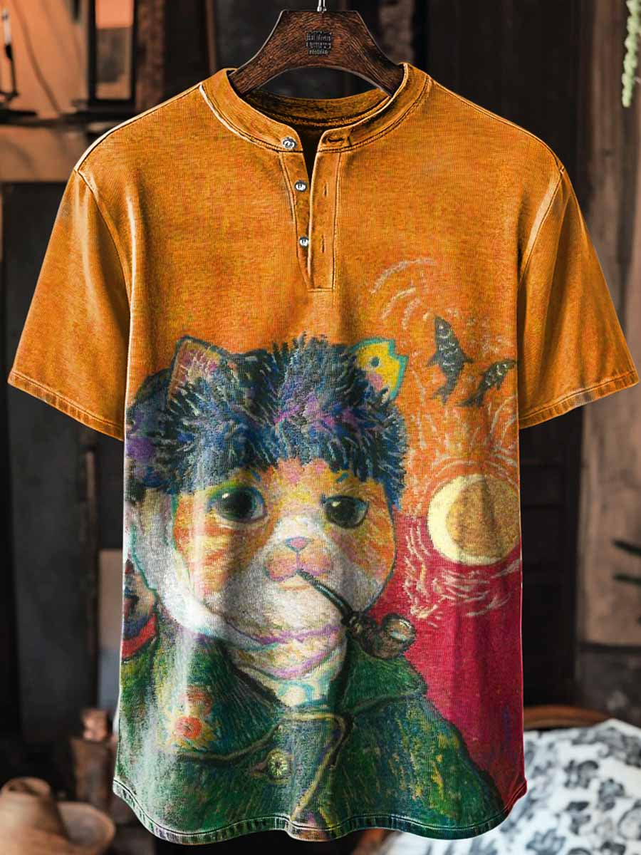 Unisex Artist Cats Print Art Short Sleeve Henley Neck T-Shirt