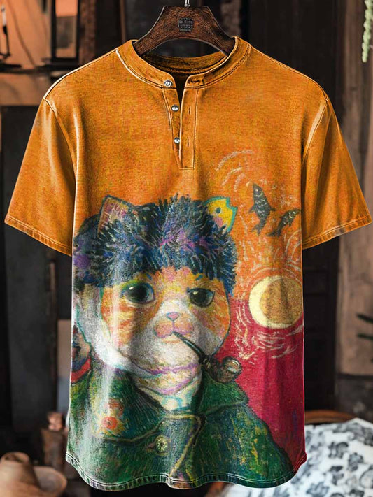 Unisex Artist Cats Print Art Short Sleeve Henley Neck T-Shirt
