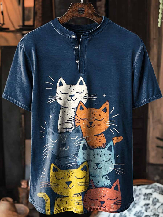 Unisex Cute Cats Print Art Short Sleeve Henley Neck T-Shirt