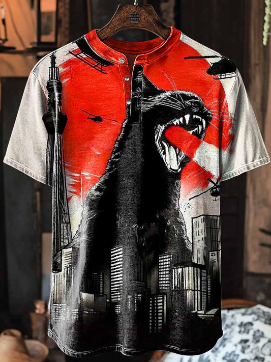 Unisex Crazzy Cats Print Art Short Sleeve Henley Neck T-Shirt
