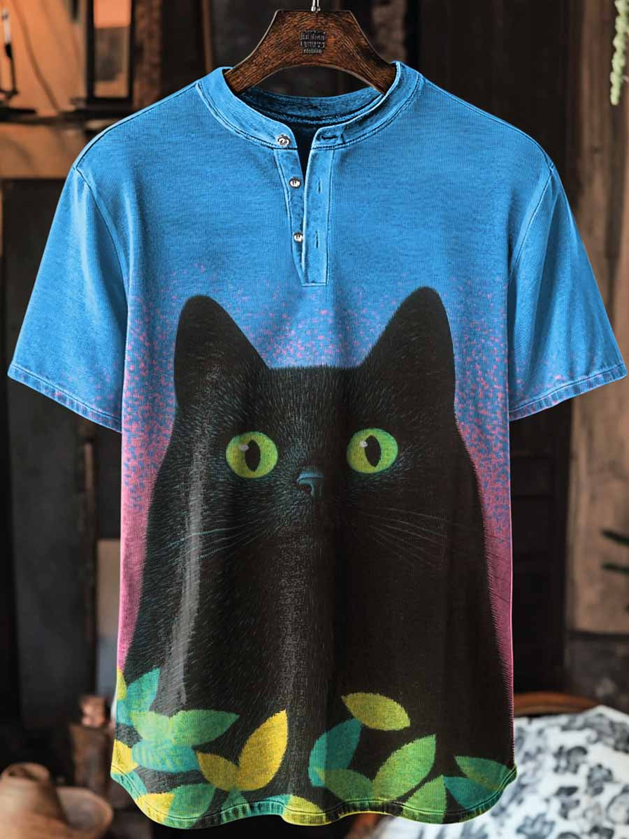 Unisex Cute Cat Print Art Short Sleeve Henley Neck T-Shirt
