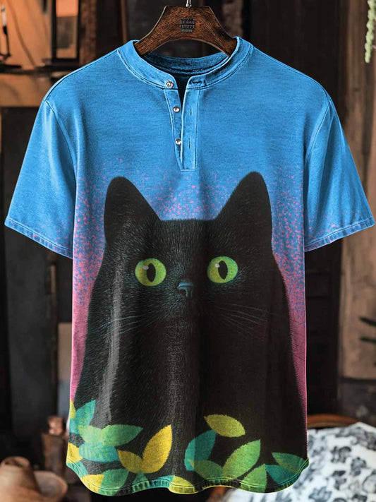 Unisex Cute Cat Print Art Short Sleeve Henley Neck T-Shirt
