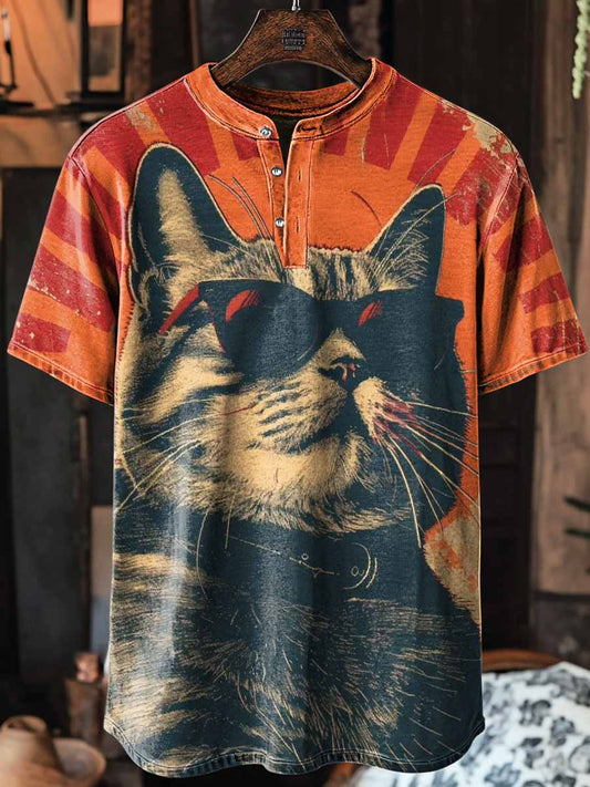 Unisex Artist Cool Cat Print Art Short Sleeve Henley Neck T-Shirt