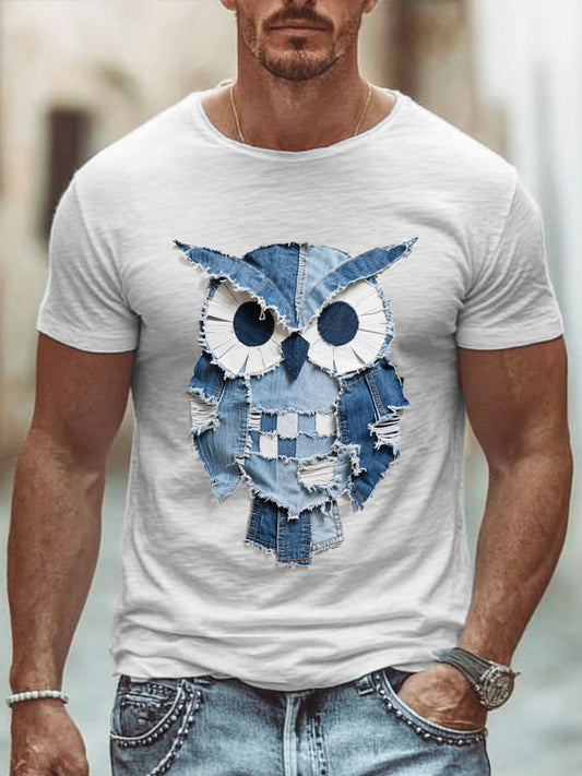 Men's Owl Pattern Patchwork Art T-Shirt