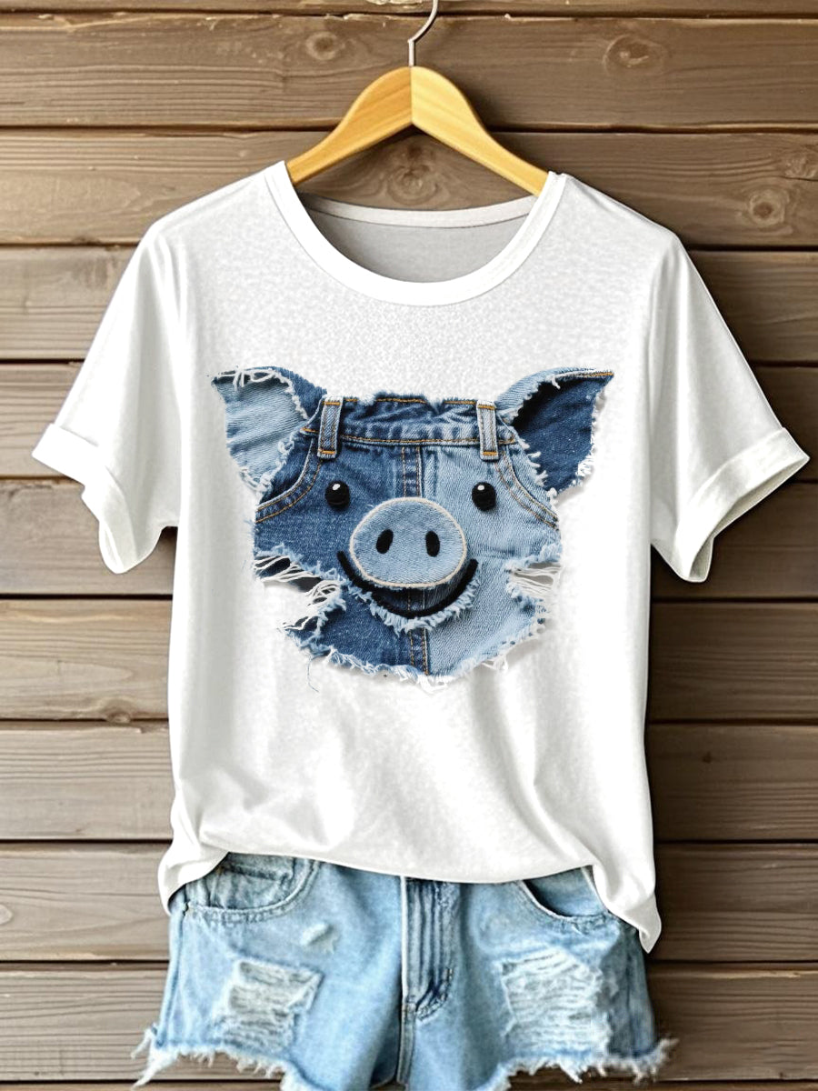 Women's Funny Pig Patchwork Art Short Sleeve T-Shirt