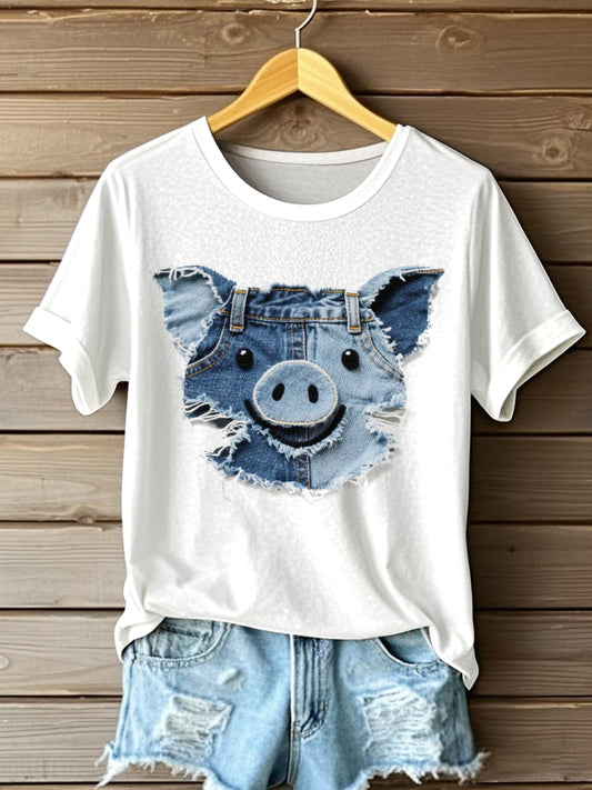 Women's Funny Pig Patchwork Art Short Sleeve T-Shirt