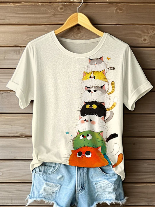 Women's Funny Cats Art Print Short Sleeve T-Shirt
