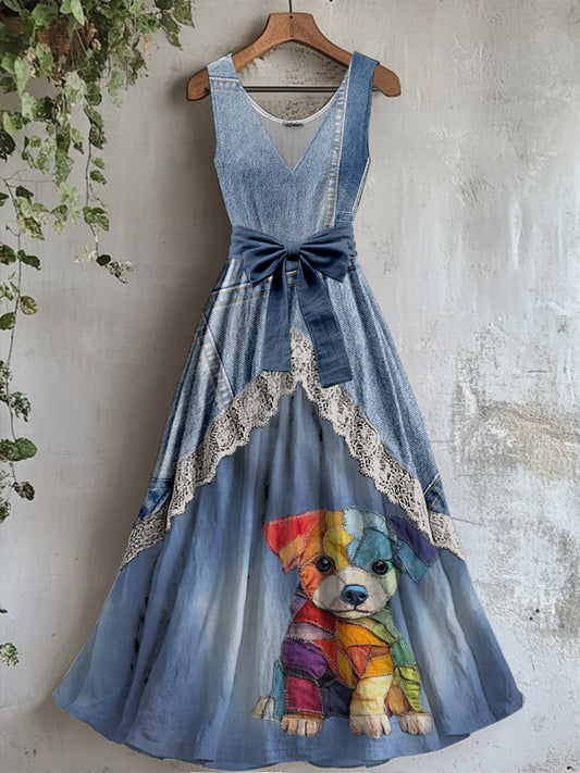 Retro Denim Cute Dog Art Print Vintage V-Neck Lace Patch Sleeveless Maxi Dress