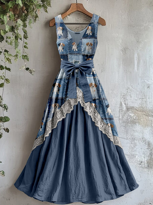 Retro Denim Cute Dog Art Print Vintage V-Neck Lace Patch Sleeveless Maxi Dress