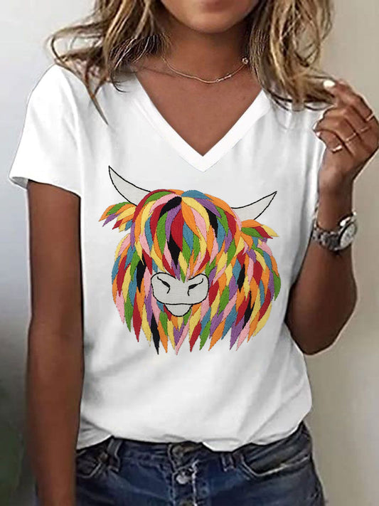 Women's Highland Cow Embroidered V-neck T-Shirt