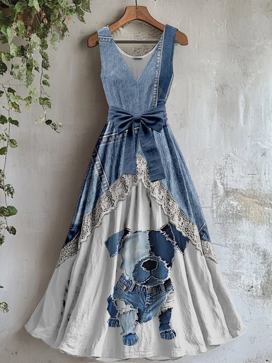 Retro Denim Cute Dog Art Print Vintage V-Neck Lace Patch Sleeveless Maxi Dress