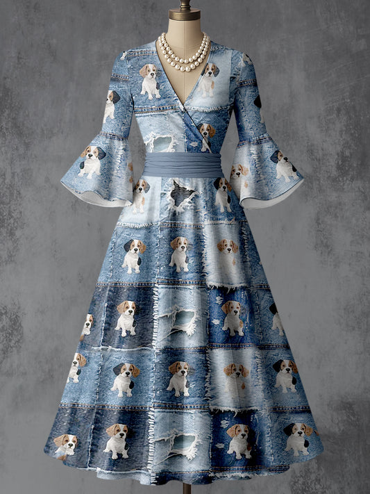 Retro Denim Cute Dog Floral Art Printed V-Neck Vintage Chic Pleated Waist Flare Sleeve Midi Dress