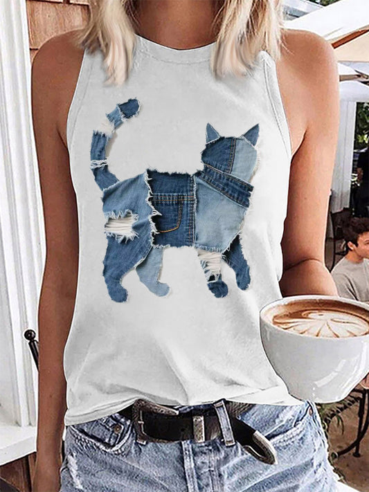 Women's Cute Cat Pattern Patchwork Art Tank Top
