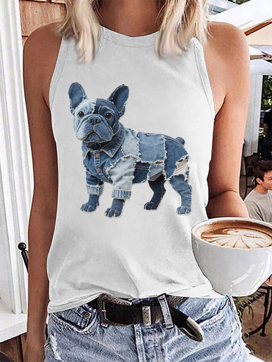 Women's Bulldog Pattern Patchwork Art Tank Top