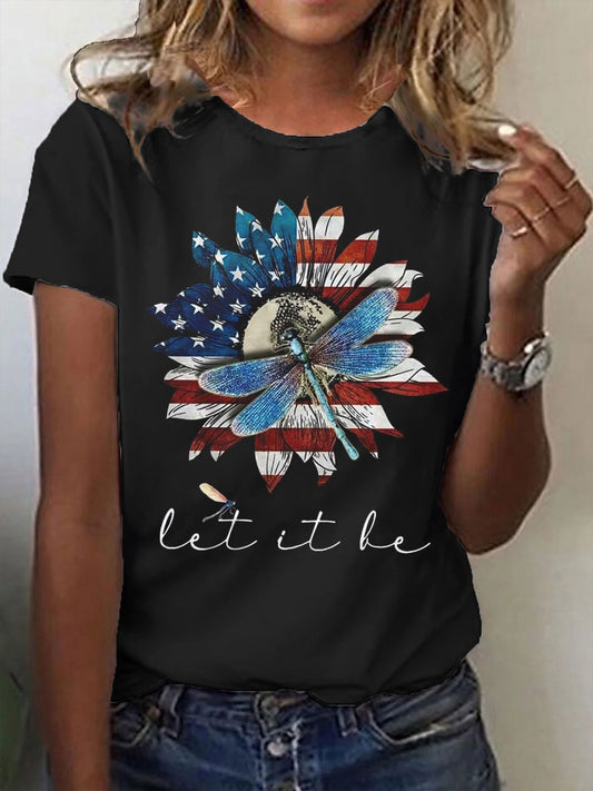 Women's Let It Be Flag Sunflower Dragonfly Short Sleeve T-Shirt