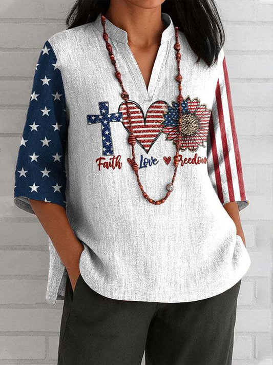 Women's Faith Love Freedom Print V-Neck Elbow Sleeve Top