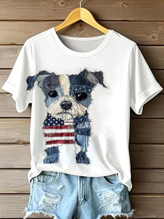 Retro American Flag Lovely Dog Denim Pattern Printed Vintage Round Neck Short Sleeves T-Shirt