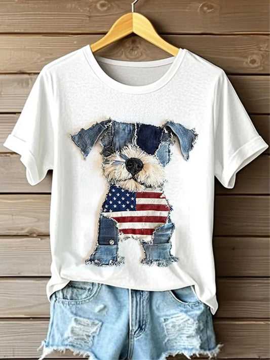 Retro American Flag Lovely Dog Denim Pattern Printed Vintage Round Neck Short Sleeves T-Shirt
