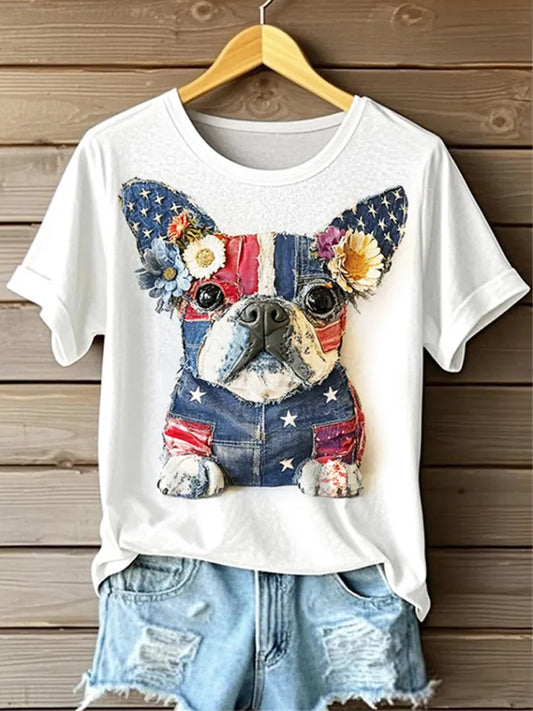 Retro American Flag Lovely Dog Denim Pattern Printed Vintage Round Neck Short Sleeves T-Shirt