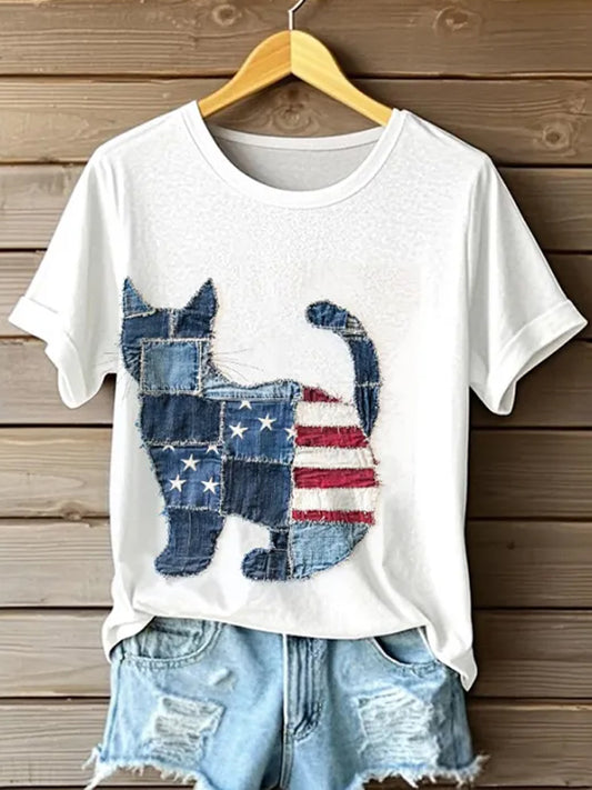 Retro American Flag Lovely Cat Denim Pattern Printed Vintage Round Neck Short Sleeves T-Shirt