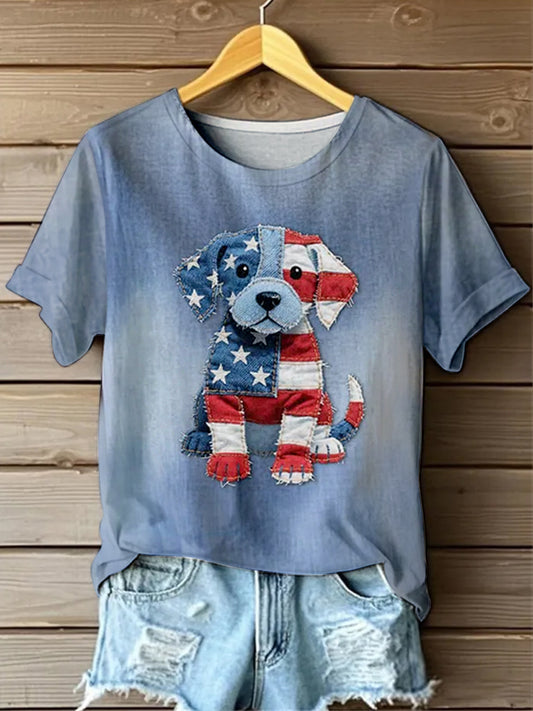 Retro American Flag Lovely Dog Denim Pattern Printed Vintage Round Neck Short Sleeves T-Shirt