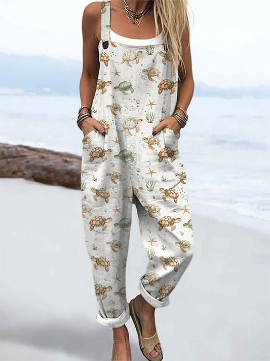 Women's Ocean Beach Turtle Print Casual Wide Leg Jumpsuit