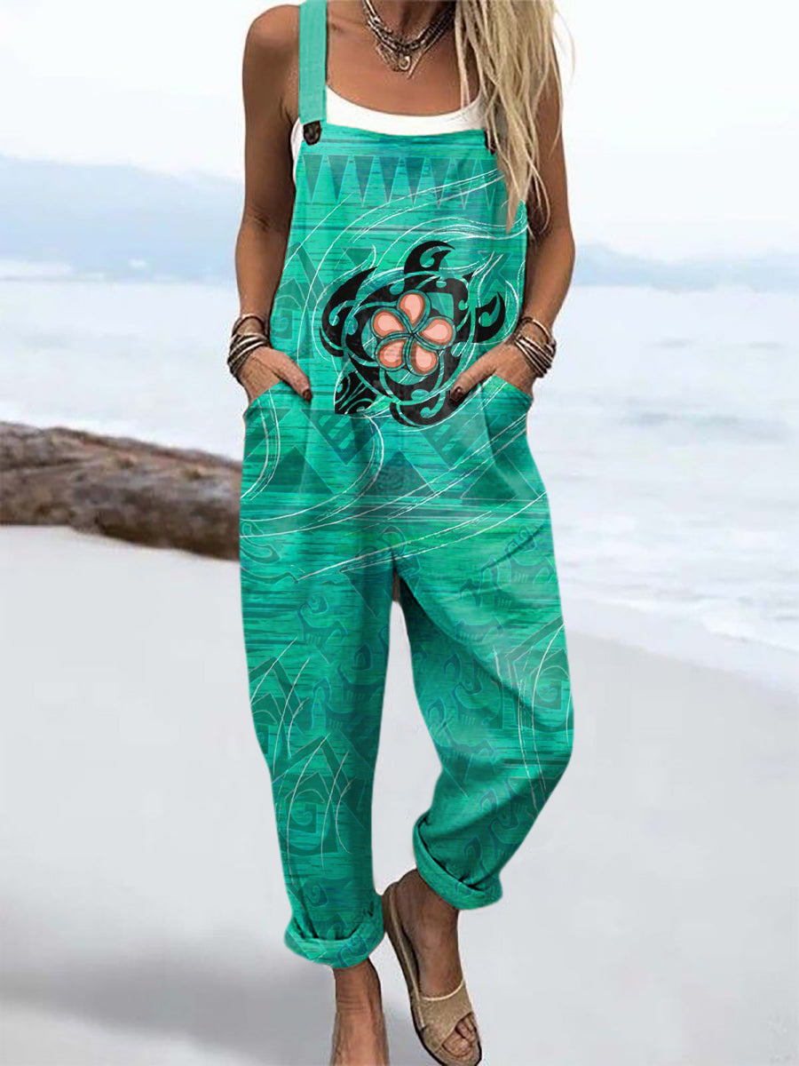 Women's Ocean Pattern Print Casual Wide Leg Jumpsuit