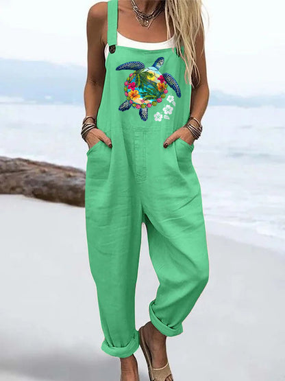 Women's Ocean Pattern Print Casual Wide Leg Jumpsuit