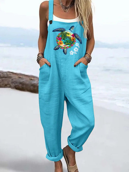 Women's Ocean Pattern Print Casual Wide Leg Jumpsuit