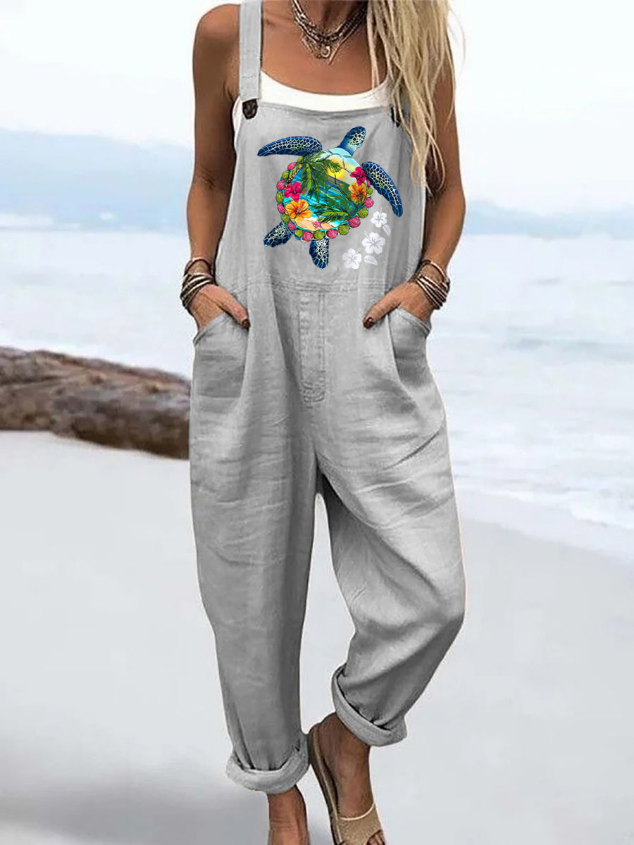 Women's Ocean Pattern Print Casual Wide Leg Jumpsuit