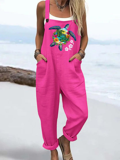 Women's Ocean Pattern Print Casual Wide Leg Jumpsuit