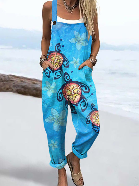 Women's Ocean Pattern Print Casual Wide Leg Jumpsuit