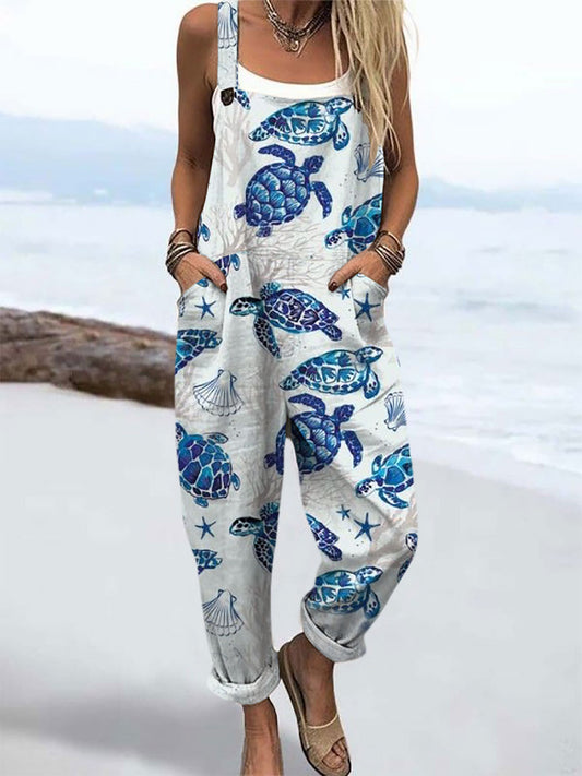 Women's Ocean Beach Turtle Print Casual Wide Leg Jumpsuit