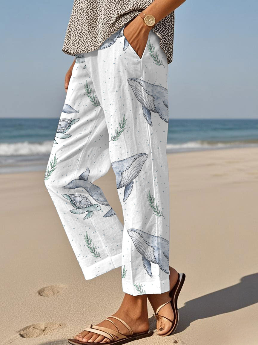 Women's Beach Whales Turtle Print Casual Pants
