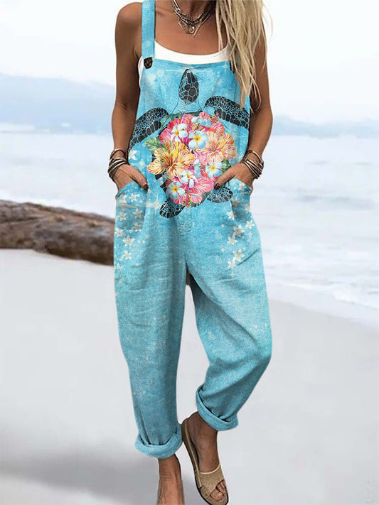 Women's Ocean Pattern Print Casual Wide Leg Jumpsuit