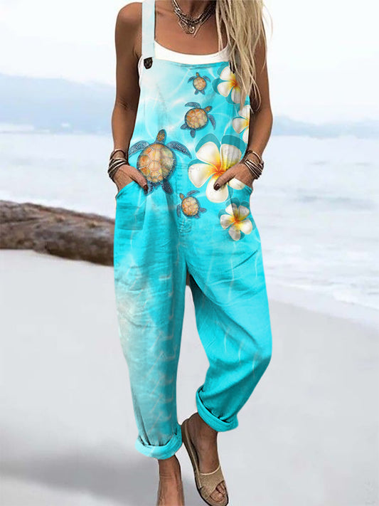 Women's Ocean Pattern Print Casual Wide Leg Jumpsuit