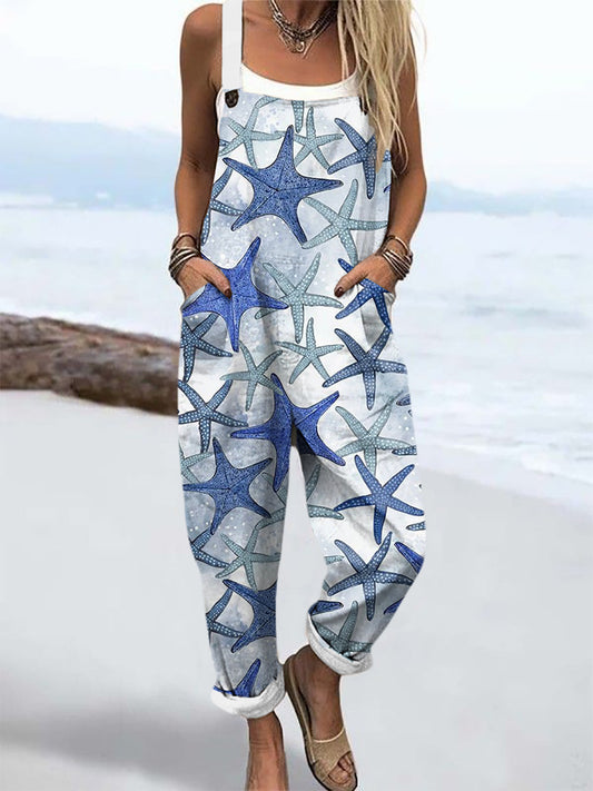 Women's Ocean Pattern Print Casual Wide Leg Jumpsuit
