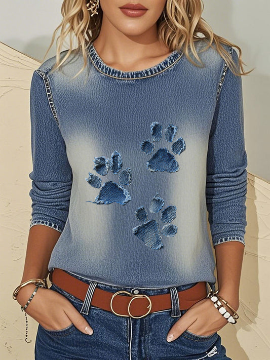 Women's denim paw three-quarter sleeve T-shirt