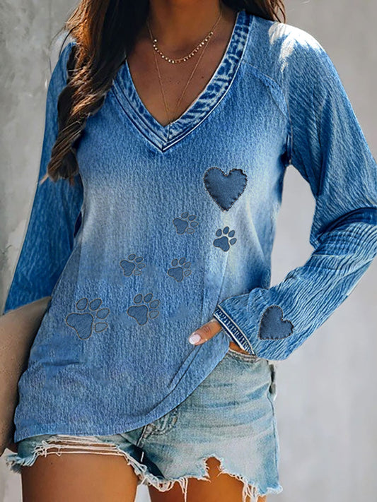 Women's Denim Paw Long Sleeve T-Shirt