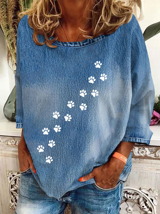 Women's Denim Paw Long Sleeve T-Shirt