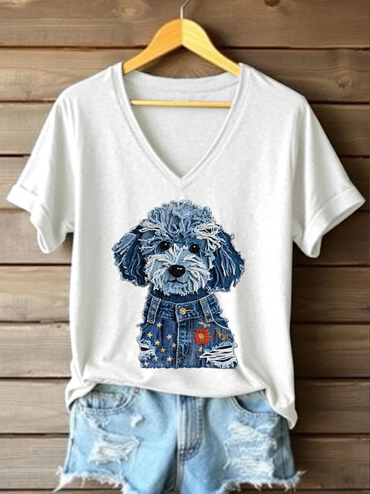 Retro American Flag Lovely Dog Denim Pattern Printed Vintage V-Neck Short Sleeves T-Shirt