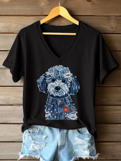 Retro American Flag Lovely Dog Denim Pattern Printed Vintage V-Neck Short Sleeves T-Shirt