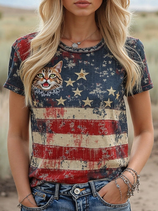 Retro Stars Stripes Lovely Cat Pattern Printed Vintage Round Neck Short Sleeves T-Shirt