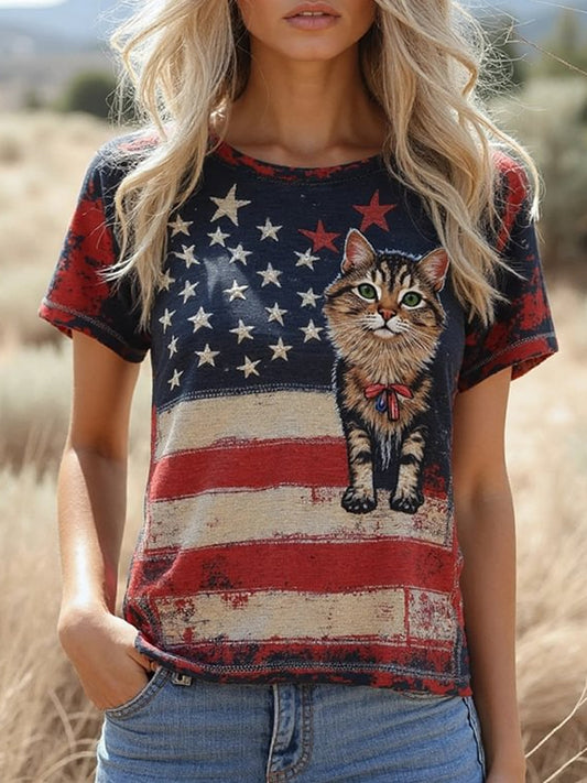 Retro Stars Stripes Lovely Cat Pattern Printed Vintage Round Neck Short Sleeves T-Shirt