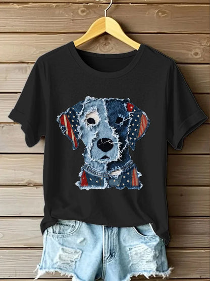 Retro Stars Stripes Lovely Dog Denim Pattern Printed Vintage Round Neck Short Sleeves T-Shirt